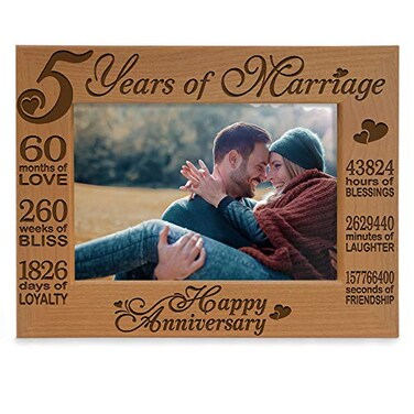 KATE POSH 5 Years of Marriage Photo Frame Happy 5th Anniversary Wood Engraved Natural Solid Wood Picture Frame 5x7Horizontal