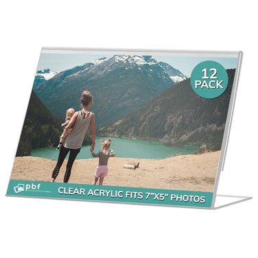 pbf PHOTO pbf 7x5 Acrylic Sign Holder 7 x 5 Horizontal Stand Up Slanted Sign Holder Acrylic Stands for Display Clear Picture Frame Menu Table Top Stand Plastic Flyer Holder 12Pack