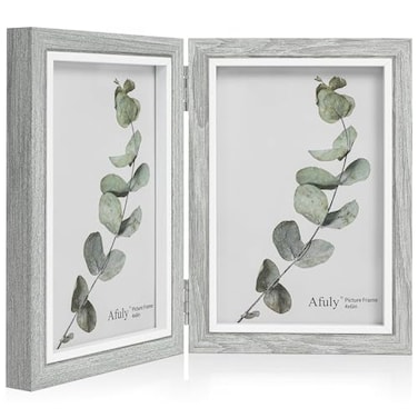 Afuly 4x6 Picture Frame Double Picture Frames 4 by 6 Grey Hinged Photo Frames Modern Wooden Frame Desk Vertical 2 Openings Display Gifts for Chirstmas Wedding Birthday Grandma Women Mom Friends