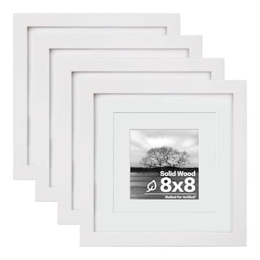 Egofine 8x8 Picture Frames 4 PCS Made of Solid Wood Covered by Plexiglass for Table Top Display and Wall Mounting Photo Frame for Pictures 4x46x6 with Mat White
