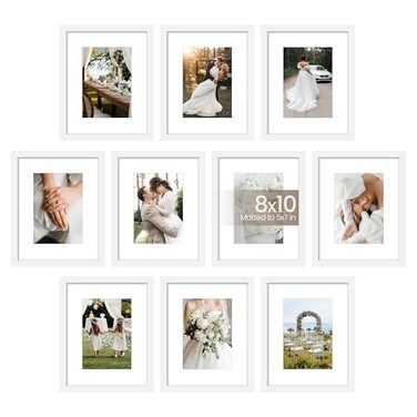 upsimples 8x10 Picture Frame Set of 10 Display Pictures 5x7 with Mat or 8x10 Without Multi Photo Frames Collage for Wall or Tabletop Display White
