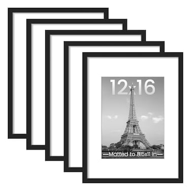 upsimples 12x16 Picture Frame Set of 5 Display Pictures 85x11 with Mat or 12 x 16 Without Wall Gallery Poster Frames Black