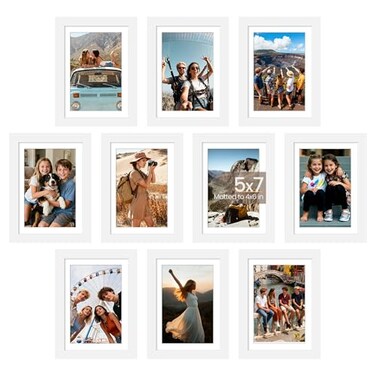 upsimples 5x7 Picture Frame Set of 10 Display Pictures 4x6 with Mat or 5x7 Without Multi Photo Frames Collage for Wall or Tabletop Display White
