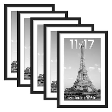 upsimples 11x17 Picture Frame Set of 5 Display Pictures 9x15 with Mat or 11 x 17 Without Wall Gallery Poster Frames Black