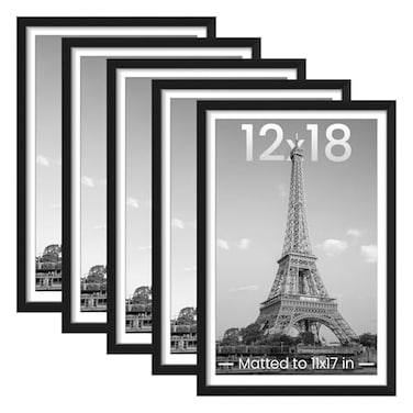 upsimples 12x18 Picture Frame Set of 5 Display Pictures 11x17 with Mat or 12 x 18 Without Wall Gallery Poster Frames Black