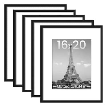 upsimples 16x20 Picture Frame Set of 5 Display Pictures 11x14 with Mat or 16 x 20 Without Wall Gallery Poster Frames Black
