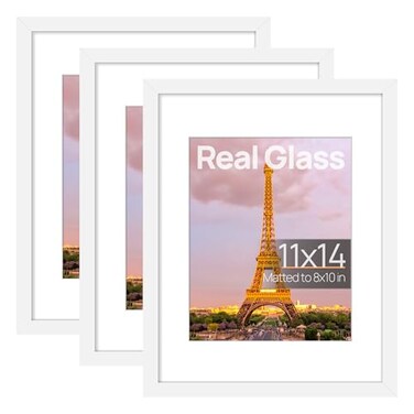 upsimples 11x14 Picture Frame Set of 3 Made of High Definition Glass for 8x10 with Mat or 11x14 Without Mat Wall and Tabletop Display Photo Frames White