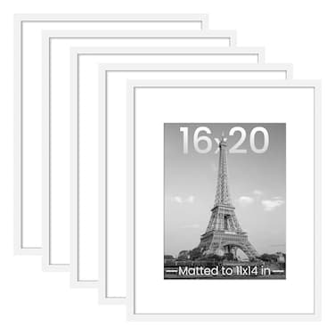 upsimples 16x20 Picture Frame Set of 5 Display Pictures 11x14 with Mat or 16 x 20 Without Wall Gallery Poster Frames White