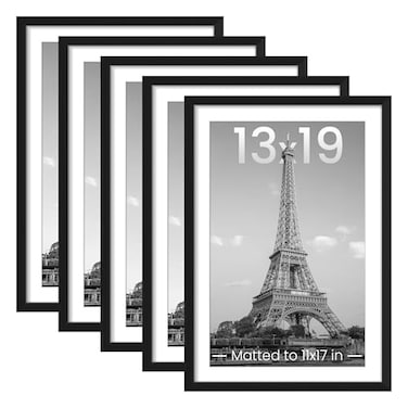 upsimples 13x19 Picture Frame Set of 5 Display Pictures 11x17 with Mat or 13 x 19 Without Wall Gallery Poster Frames Black