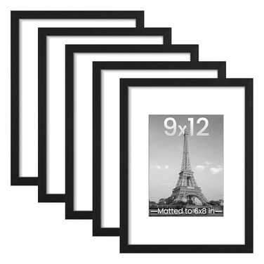 upsimples 9x12 Picture Frame Set of 5 Display Pictures 6x8 with Mat or 9 x 12 Without Wall Gallery Photo Frames Black