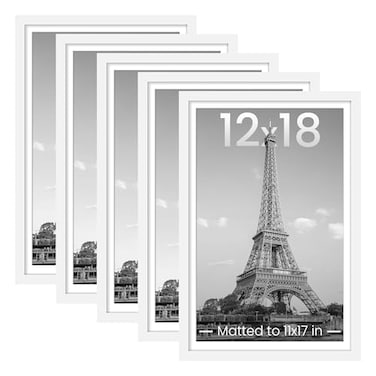 upsimples 12x18 Picture Frame Set of 5 Display Pictures 11x17 with Mat or 12 x 18 Without Wall Gallery Poster Frames White