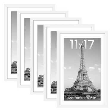 upsimples 11x17 Picture Frame Set of 5 Display Pictures 9x15 with Mat or 11 x 17 Without Wall Gallery Poster Frames White