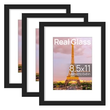 upsimples 85x11 Picture Frame Set of 3 Made of High Definition Glass for 6x8 with Mat or 85x11 Without Mat Wall and Tabletop Display Photo Frames Black