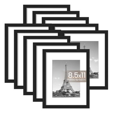 upsimples 85x11 Picture Frame Set of 10 Display Pictures 6x8 with Mat or 85x11 Without Multi Photo Frames Collage for Wall or Tabletop Display Black