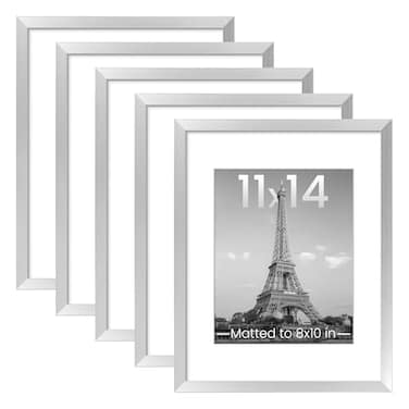 upsimples 11x14 Picture Frame Set of 5 Display Pictures 8x10 with Mat or 11x14 Without Mat Wall Gallery Photo Frames Silver