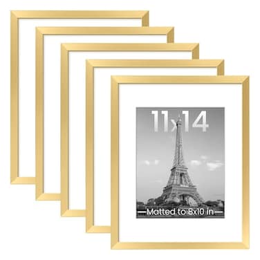 upsimples 11x14 Picture Frame Set of 5 Display Pictures 8x10 with Mat or 11x14 Without Mat Wall Gallery Photo Frames Gold