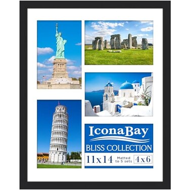Icona Bay 11x14 Black Collage Picture Frame with Removable Mat for 54x6 Photos Modern Style Engineered Wood Frame Wall Mount Only Bliss Collection