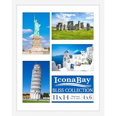 Icona Bay 11x14 White Collage Picture Frame with Removable Mat for 54x6 Photos Modern Style Engineered Wood Frame Wall Mount Only Bliss Collection