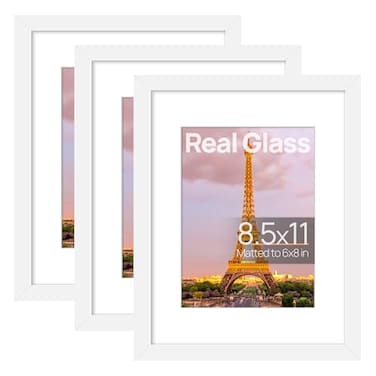 upsimples 85x11 Picture Frame Set of 3 Made of High Definition Glass for 6x8 with Mat or 85x11 Without Mat Wall Mounting Photo Frames White