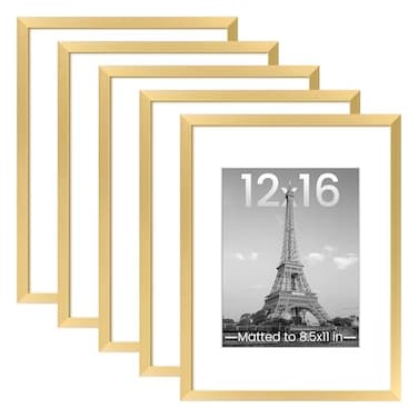 upsimples 12x16 Picture Frame Set of 5 Display Pictures 85x11 with Mat or 12 x 16 Without Wall Gallery Poster Frames Gold