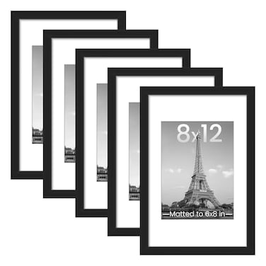upsimples 8x12 Picture Frame Set of 5 Display Pictures 6x8 with Mat or 8 x 12 Without Wall Gallery Photo Frames Black