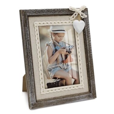 Sapowerntus 4x6 Rustic Picture Frames Wood Farmhouse Cute Heart Love Solid Wooden Photo Frame Lace Bow Boho Wall Decor Hanging Tabletop Mother Grandma Family Wedding Gift