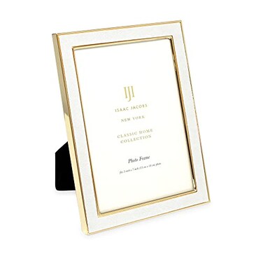 Isaac Jacobs 5x7 White Leather with Gold Metal Vertical Horizontal Picture Frame Suede Border wBlack Fabric Easel WallMountable Made For Tabletop Photo Gallery 5x7 White WGold