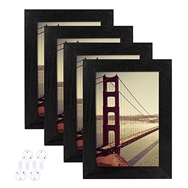 BAIJIALI 4x6 Picture Frame Black Wood Pattern Set of 4Display Pictures 35x5 with Mat or 4x6 Without Mat Horizontal and Vertical Formats for Wall and Table Mounting