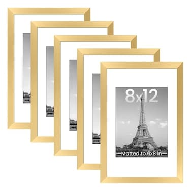 upsimples 8x12 Picture Frame Set of 5 Display Pictures 6x8 with Mat or 8 x 12 Without Wall Gallery Photo Frames Gold
