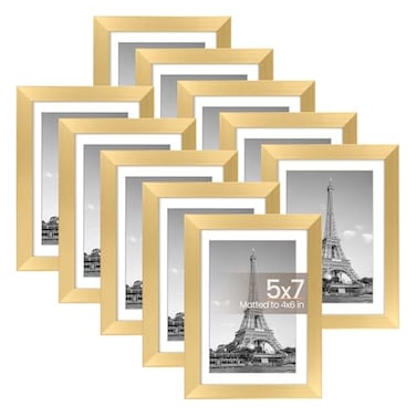 upsimples 5x7 Picture Frame Set of 10 Display Pictures 4x6 with Mat or 5x7 Without Multi Photo Frames Collage for Wall or Tabletop Display Gold