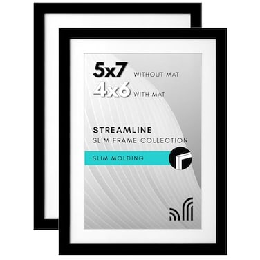Americanflat 5x7 Picture Frame with ShatterResistant Glass Set of 2 Streamline Collection Thin Border Photo Frame for Tabletop and Wall Hanging Hardware and Easel Stand Included Black