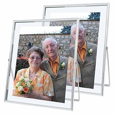 Qiannhee 8x10 Floating Frame Set of 2 Picture Frame Hold 8x10in 6x8in 5x7in Photo for Tabletop Glass Finish Metal Stand Frame Silver 2 Pack