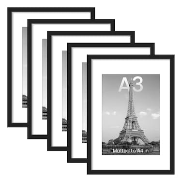 upsimples A3 Picture Frame Set of 5 Display Pictures 83x117 with Mat or 117x165 Without Wall Gallery Poster Frames Black