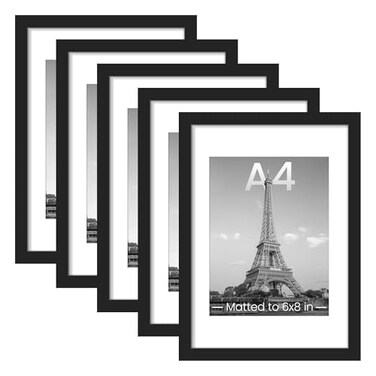 upsimples A4 Picture Frame Set of 5 Display Pictures 6x8 with Mat or 83x117 Without Wall Gallery Poster Frames Black