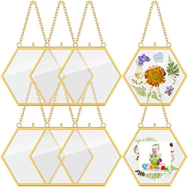 Marsui 8 Pcs Pressed Flower Frames 4 x 3 Inch Hanging Glass Floating Photo Frames Glass for Pressed Flowers Double Picture for Artwork Display Photo Modern Home Wall DecorGold