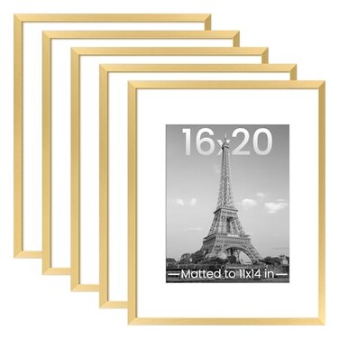 upsimples 16x20 Picture Frame Set of 5 Display Pictures 11x14 with Mat or 16 x 20 Without Wall Gallery Poster Frames Gold