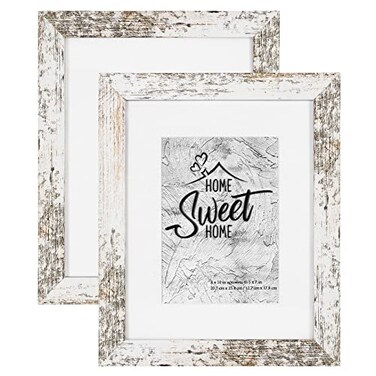 Califortree Rustic White 8x10 Picture Frame Display Photos 5x7 with Mat or 8x10 Without Mat HD Glass Inside Horizontal and Vertical Display for Wall and Tabletop Set of 2