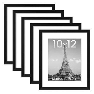 upsimples 10x12 Picture Frame Set of 5 Display Pictures 7x9 with Mat or 10x12 Without Wall Gallery Poster Frames Black