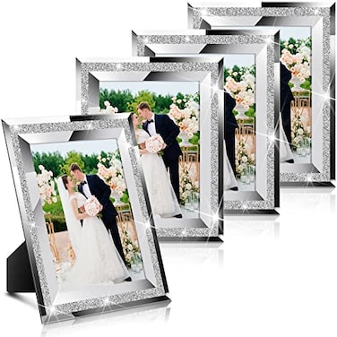 Bucherry 4 Pack 5x7 Silver Picture Frame Crystal Wedding Picture Frames Mirrored Sparkle Glass Photo Frame Christmas Glitter Silver Photo Frames for Tabletop Display Home Wedding