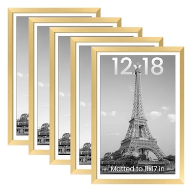 upsimples 12x18 Picture Frame Set of 5 Display Pictures 11x17 with Mat or 12 x 18 Without Wall Gallery Poster Frames Gold