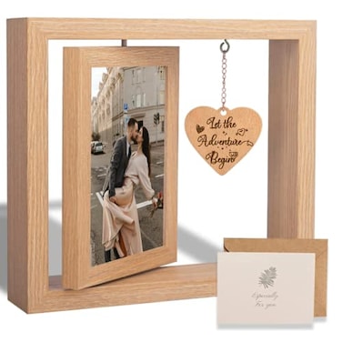 ISHINE Rotating Floating Let the Adventure Begins Picture Frame Engagement Gifts for Couples Rustic 4x6 Floating Picture Frames Cool Wedding Bride to Be Bridal Shower Gifts for Couples Unique 2023 Rom