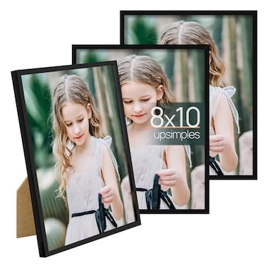 upsimples 8x10 Picture Frame Set of 3 Made of High Definition Glass for 8 x 10 Wall and Tabletop Display Thin Border Photo Frames for Home Decor Black