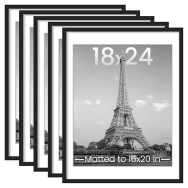 upsimples 18x24 Picture Frame Set of 5 Display Pictures 16x20 with Mat or 18 x 24 Without Wall Gallery Poster Frames Black
