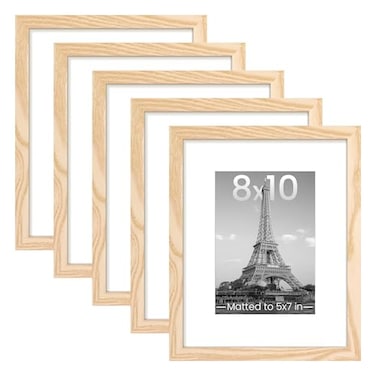 upsimples 8x10 Picture Frame Set of 5 Display Pictures 5x7 with Mat or 8 x 10 Without Wall Gallery Photo Frames Natural
