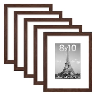 upsimples 8x10 Picture Frame Set of 5 Display Pictures 5x7 with Mat or 8 x 10 Without Wall Gallery Photo Frames Brown