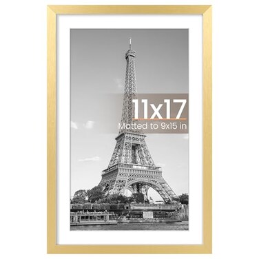 upsimples 11x17 Picture Frame Display Pictures 9x15 with Mat or 11 x 17 Without Wall Hanging Poster Frames Gold 1 Pack
