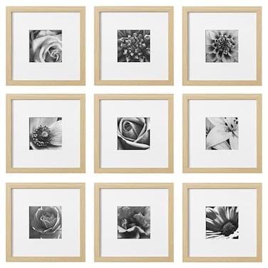 eletecpro 10x10 Picture Frames Set of 9 with Mat for 5x5 Photos or without Mat for 10x10 Square Gallery Wall Decor Collage for Picture Display Natural Frame Set for Wall Hanging