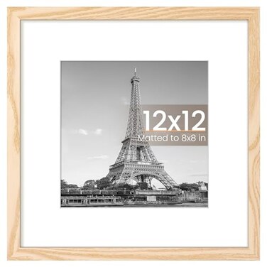 upsimples 12x12 Picture Frame Display Pictures 8x8 with Mat or 12 x 12 Without Wall Hanging Square Frames Natural Style 1 Pack