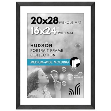 Americanflat 20x28 Poster Frame Black Engineered Wood with Polished Plexiglass Matted to 16x24 Photo Size Hudson Collection Wide Picture Frame for Wall Display Black