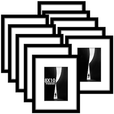 Fisnish 8x10 Picture Frame Sef of 10 Display Pictures 5x7 with Mat or 8 x 10 Without Mat Photo Frame Collage for Wall Gallery Decor Hanging or Tabletop Display Black